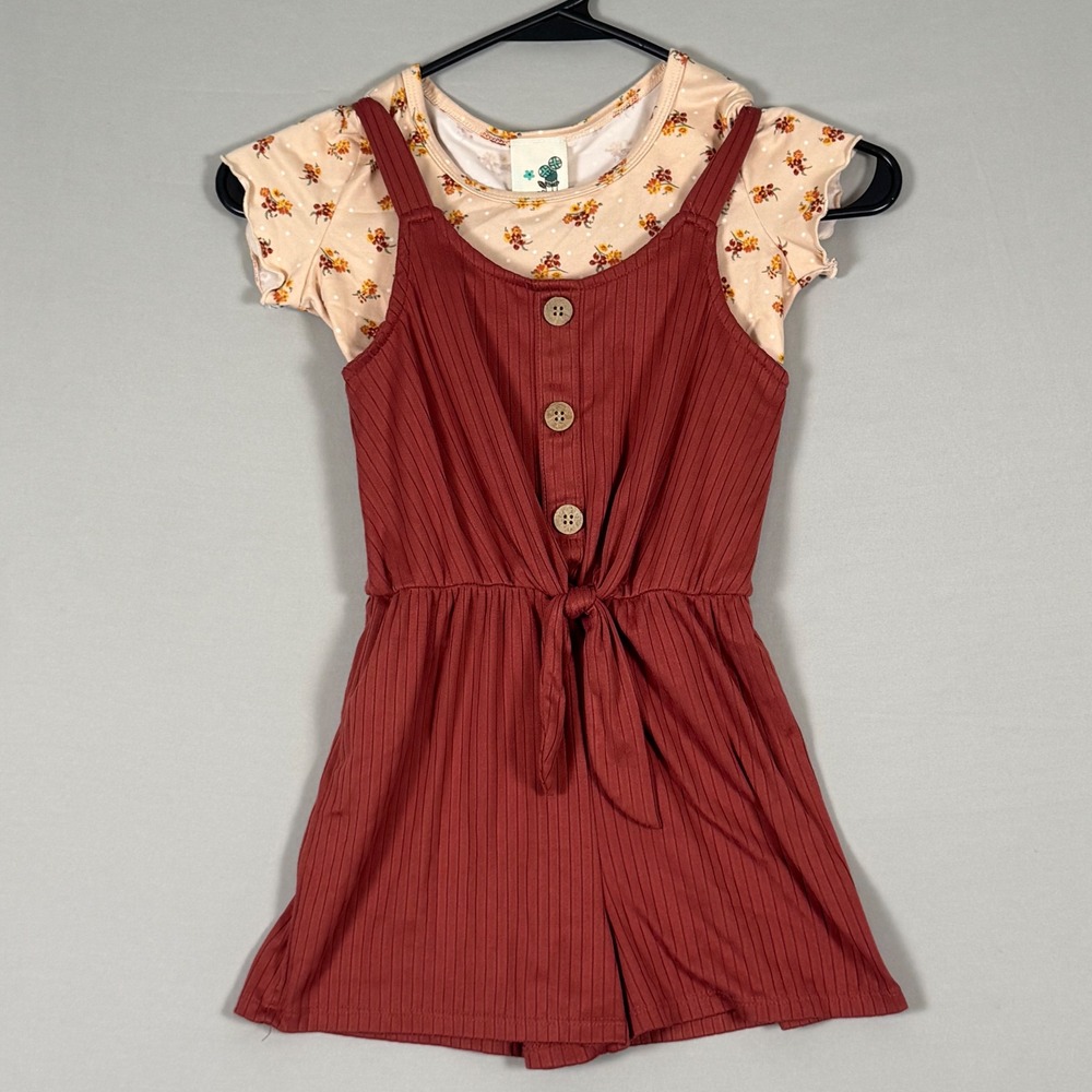 Lily Bleu Romper Set Kids Size 7 Rust Red Floral Ribbed 2pc NWOT